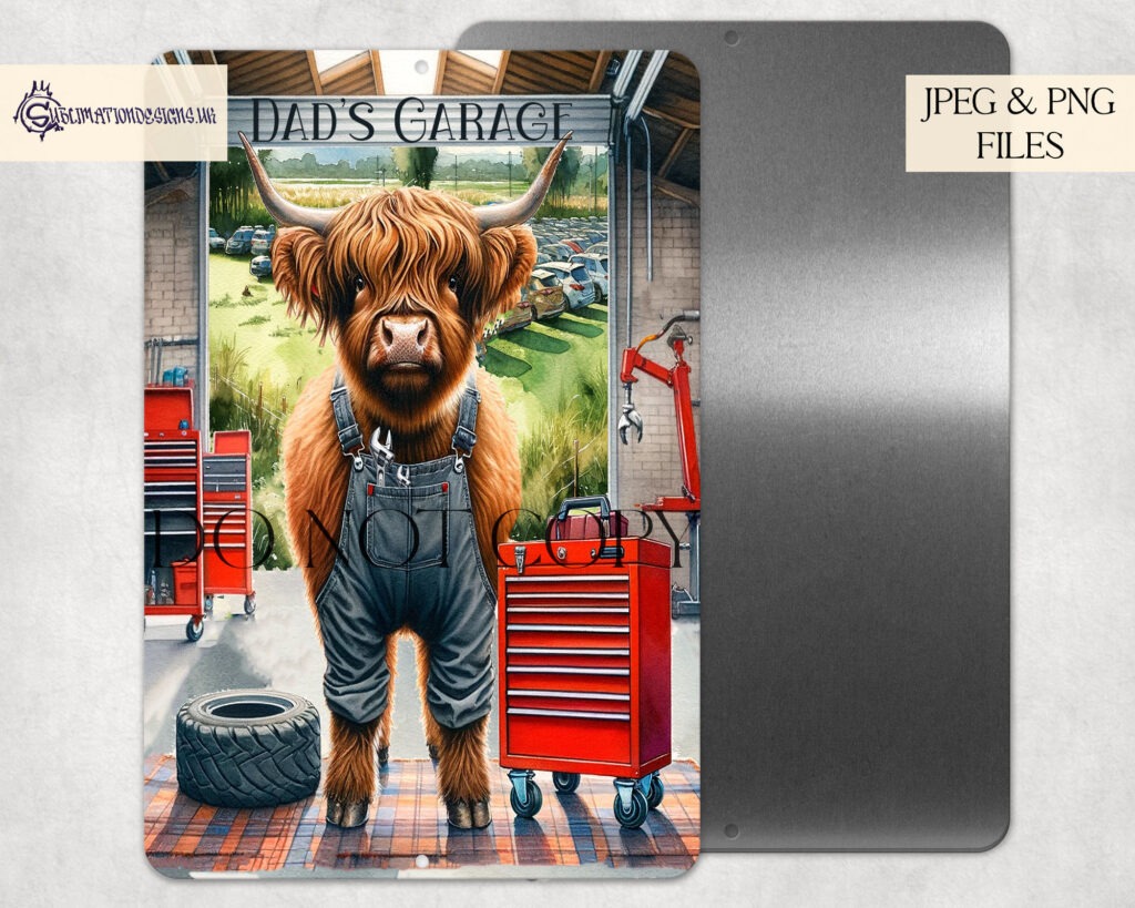 Highland cow humorously depicted in a mechanic, workshop, and gardening theme.