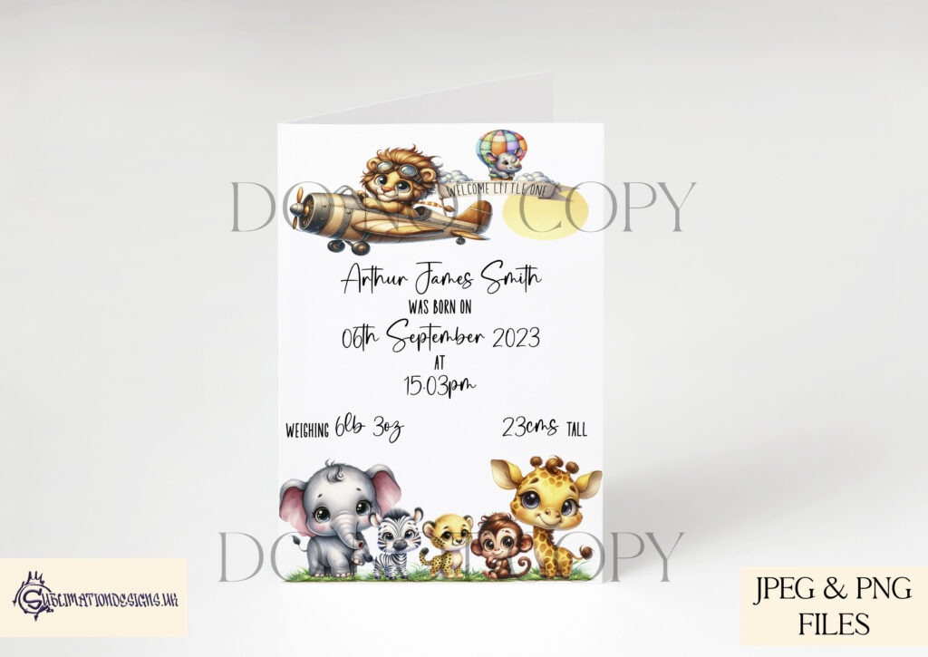 Watercolored safari animal in hot air balloon for birth announcement