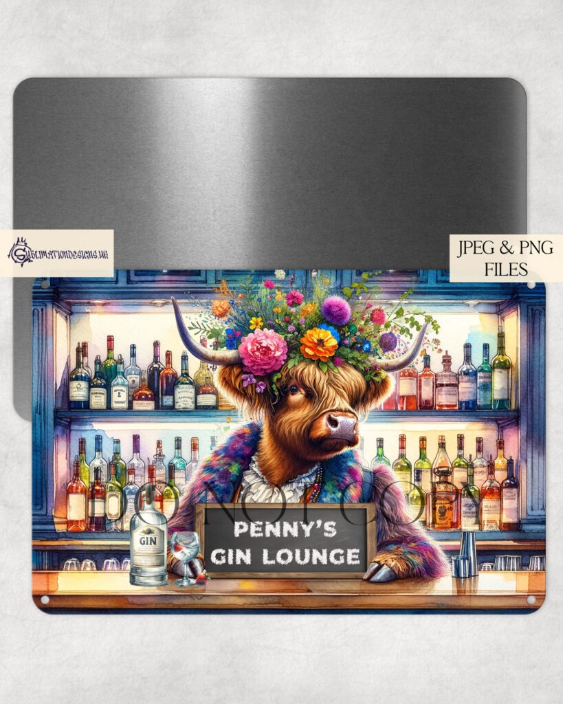 Highland Cow Barmaid with customizable sign design.
