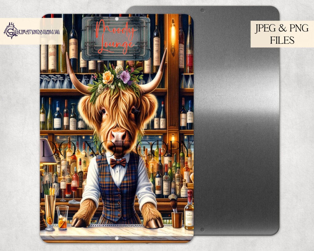 Highland Cow Barmaid with customizable sign design.