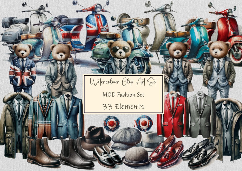 MOD fashion clip art set featuring scooters, parka jackets, and more.