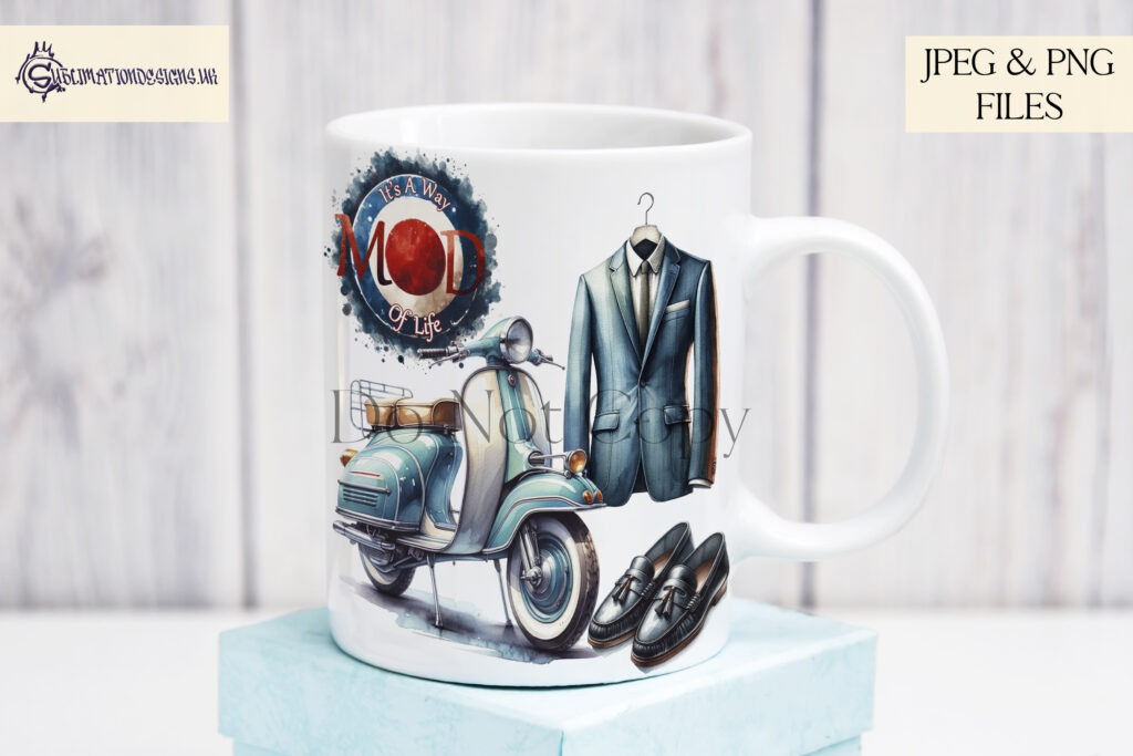 MOD fashion clip art set featuring scooters, parka jackets, and more.