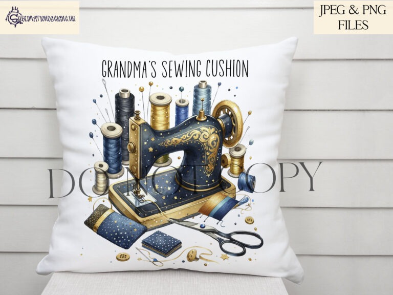 Navy blue and gold sewing machine design with inspirational crafting quotes.