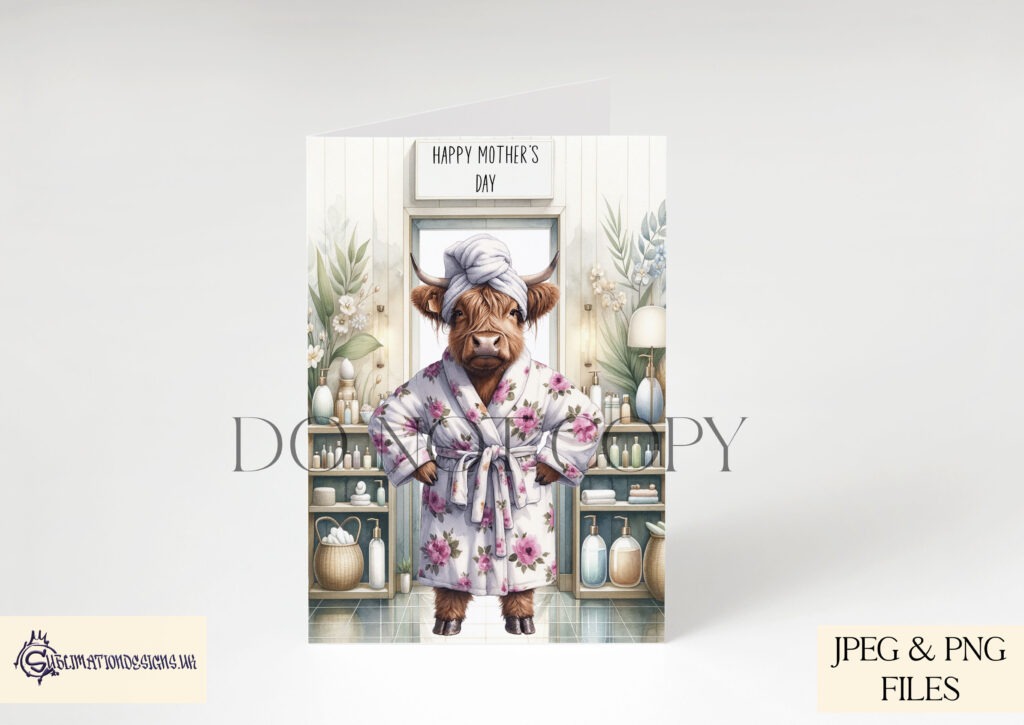 Highland cow in a bathrobe at a health spa comedy design.