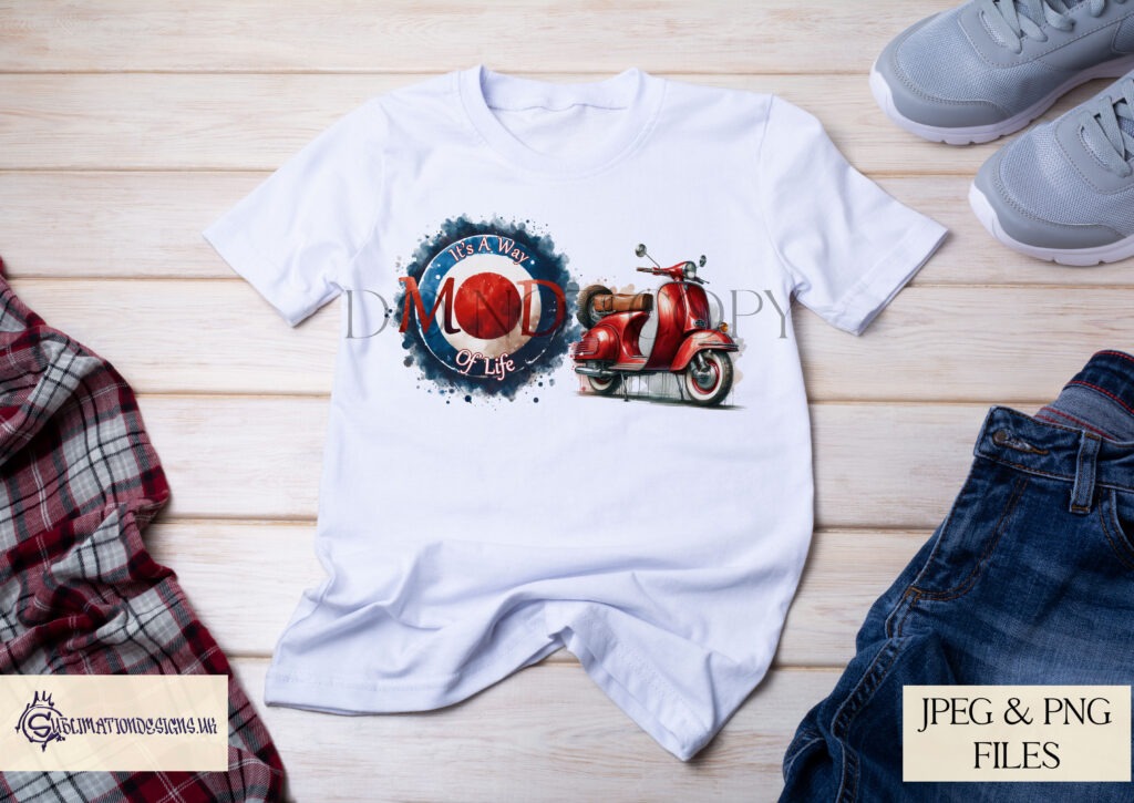 MOD fashion clip art set featuring scooters, parka jackets, and more.