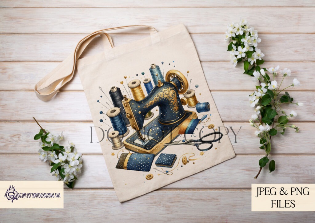 Navy blue and gold sewing machine design with inspirational crafting quotes.