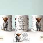 Highland cow holding a mug of coffee with a humorous quote.