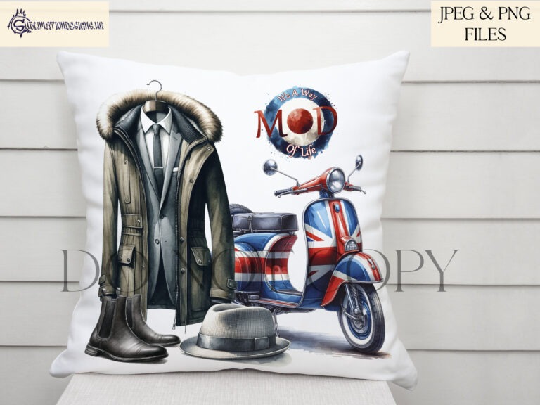 MOD fashion clip art set featuring scooters, parka jackets, and more.