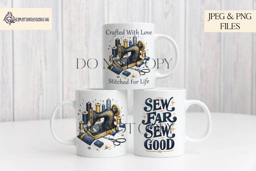 Navy blue and gold sewing machine design with inspirational crafting quotes.