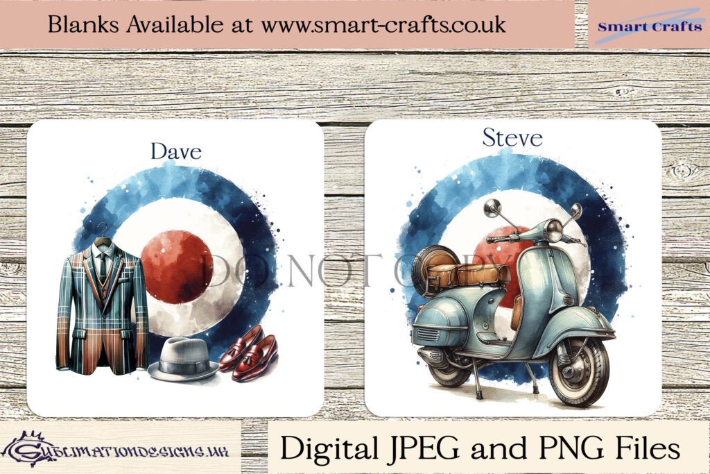 MOD fashion clip art set featuring scooters, parka jackets, and more.