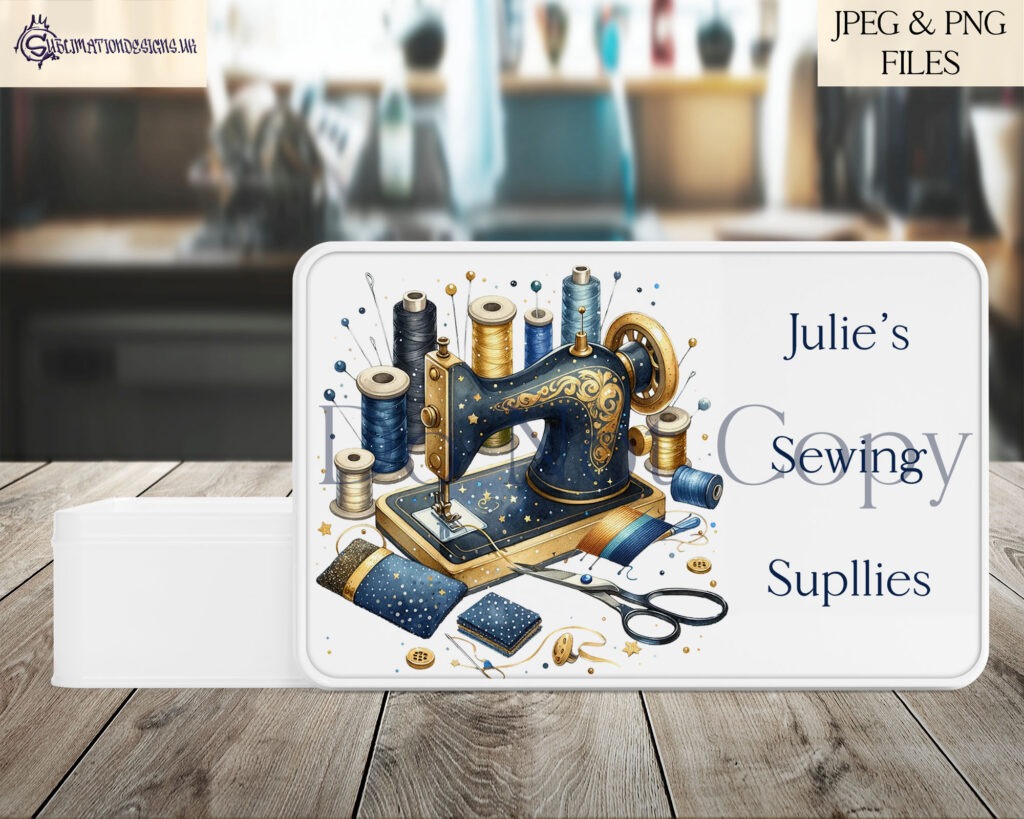 Navy blue and gold sewing machine design with inspirational crafting quotes.