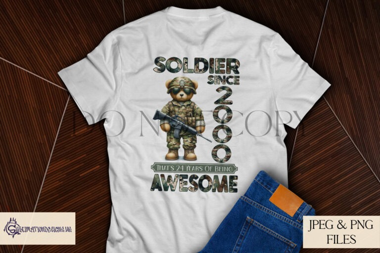 Army Bear in camouflage uniform with customizable birth year and army-themed words.