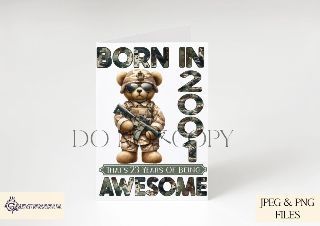 Army Bear in camouflage uniform with customizable birth year and army-themed words.