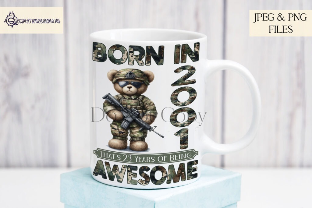Birth Year Army Bear in camouflage uniform with customizable birth year and army-themed words.