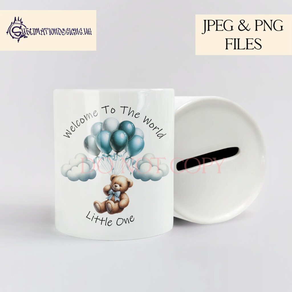 Bear holding onto balloons in colourful design, 'Welcome to the World Little One.