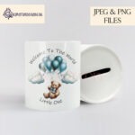 Bear holding onto balloons in colourful design, 'Welcome to the World Little One.