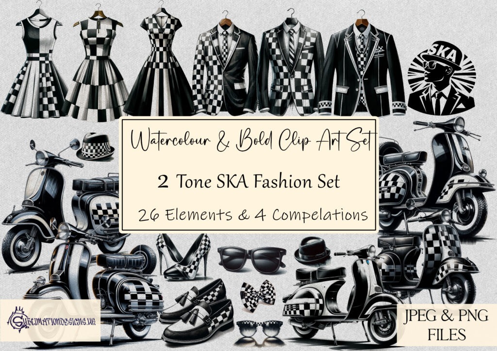 Two-Tone SKA fashion clip art set featuring iconic clothing and accessories.