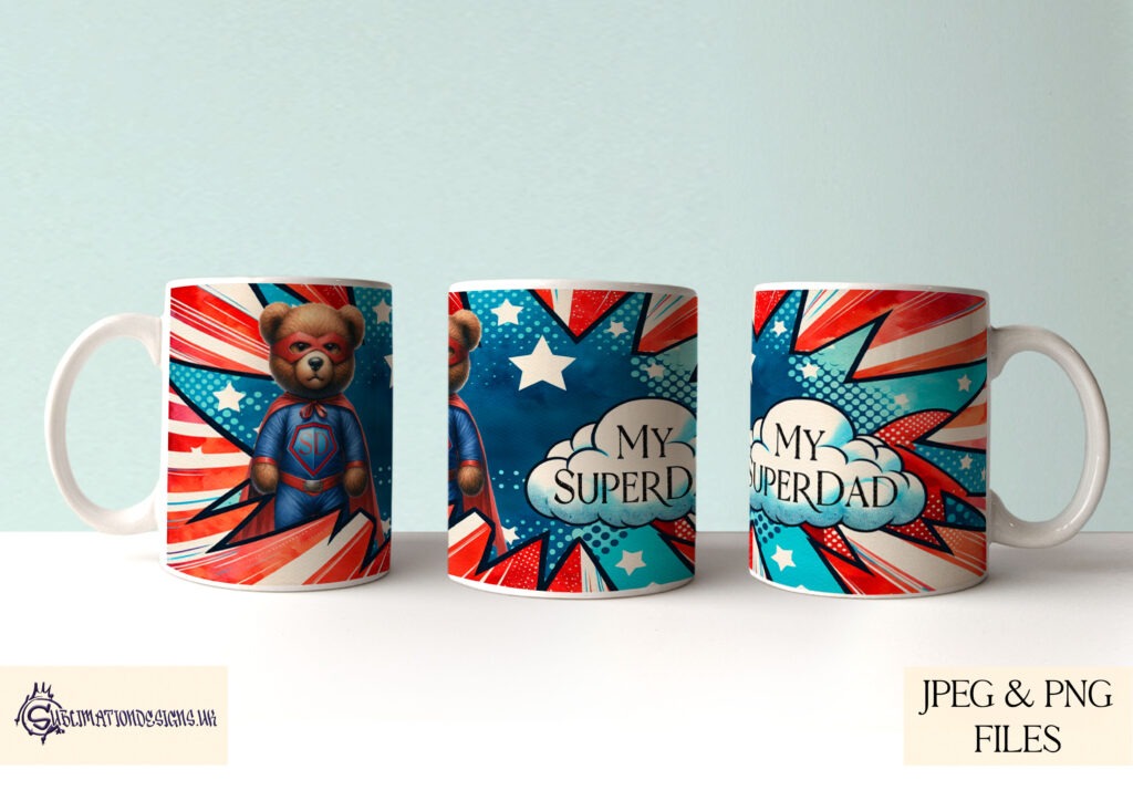 Superhero bear themed mug wraps for Mother's Day, Father's Day, and more