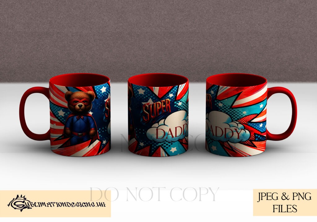 Superhero bear themed mug wraps for Mother's Day, Father's Day, and more