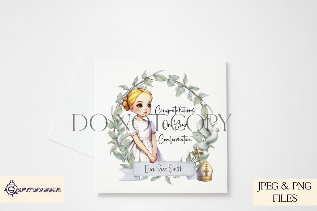 Confirmation design featuring a girl in a wreath with dove, cross, and banner.