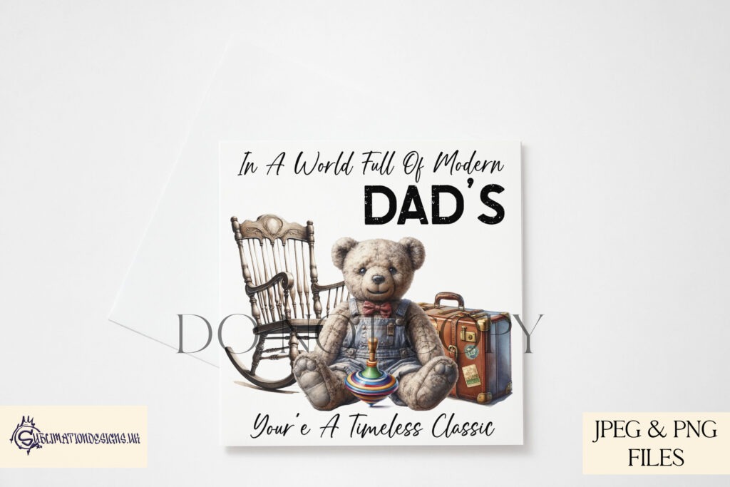 Vintage teddy bear, Dusty, with rocking chair, spinning top, and suitcase design.