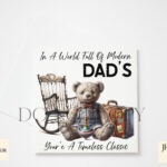 Vintage teddy bear, Dusty, with rocking chair, spinning top, and suitcase design.