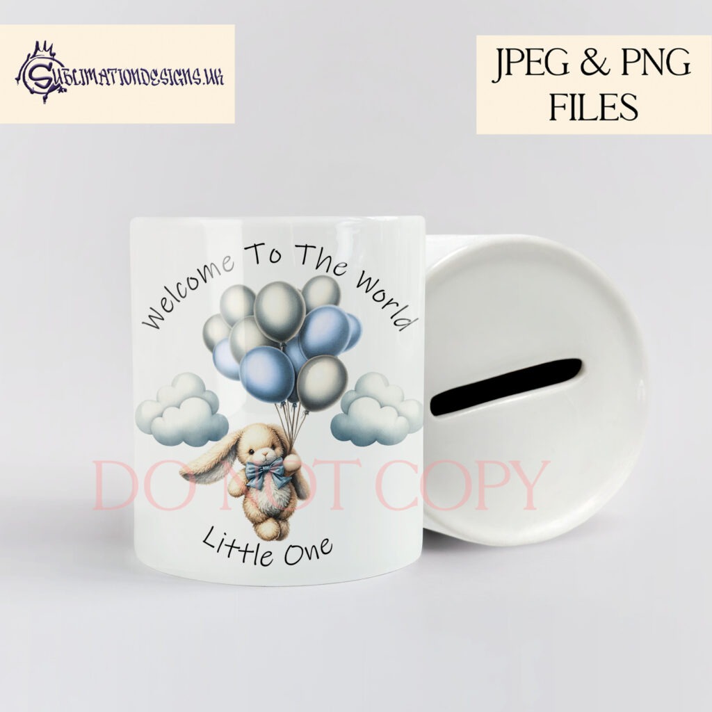 Bunny holding onto balloons in colourful design, 'Welcome to the World Little One.