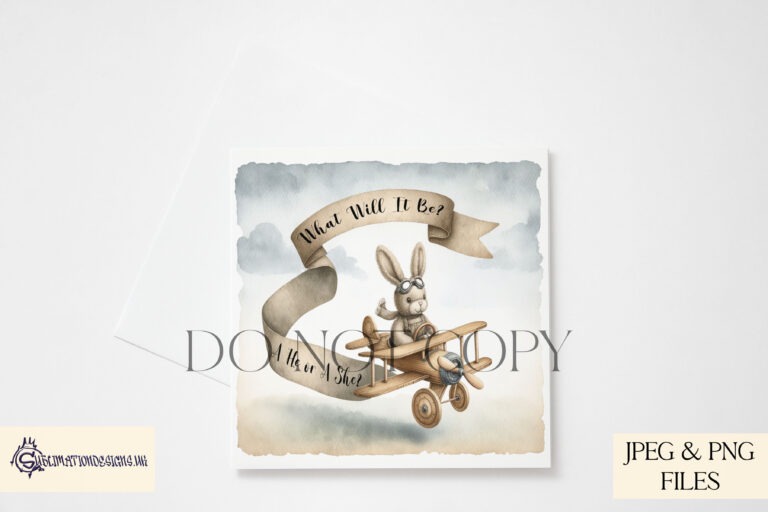 Bunny In A Plane Gender reveal party design asking 'What Will It Be? A He or A She?
