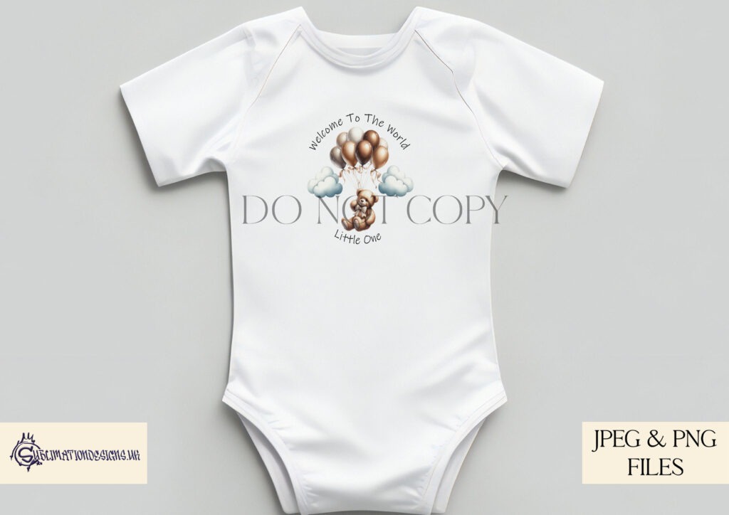 Bear holding onto balloons in colourful design, 'Welcome to the World Little One.