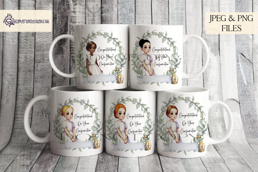 Confirmation design featuring a girl in a wreath with dove, cross, and banner.