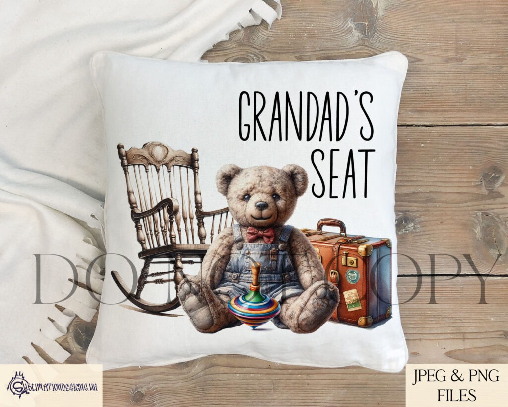 Vintage teddy bear, Dusty, with rocking chair, spinning top, and suitcase design.