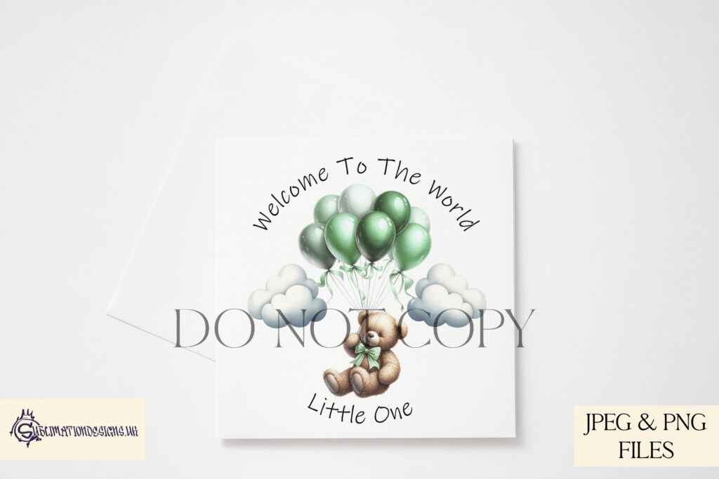 Bear holding onto balloons in colourful design, 'Welcome to the World Little One.