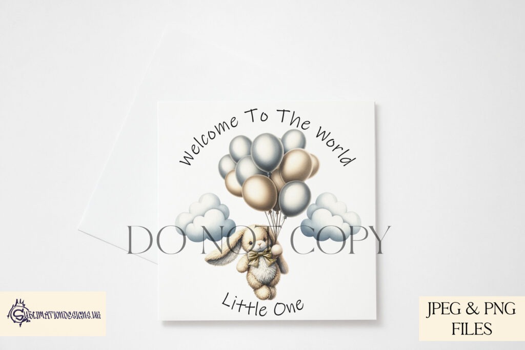 Bunny holding onto balloons in colourful design, 'Welcome to the World Little One.