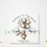Bunny holding onto balloons in colourful design, 'Welcome to the World Little One.