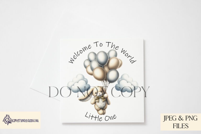 Bunny holding onto balloons in colourful design, 'Welcome to the World Little One.