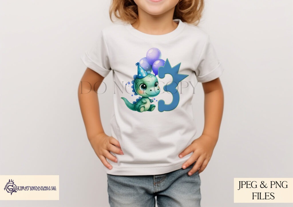 Dinosaur boys birthday party design with numbers and festive wording.