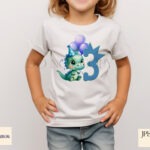 Dinosaur boys birthday party design with numbers and festive wording.