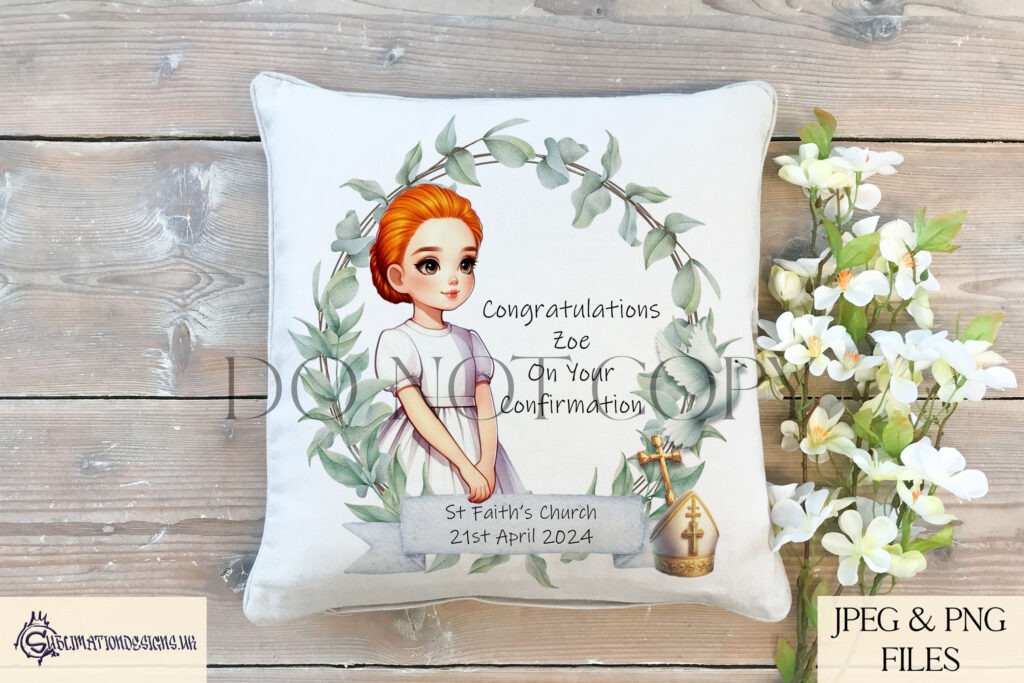 Confirmation design featuring a girl in a wreath with dove, cross, and banner.