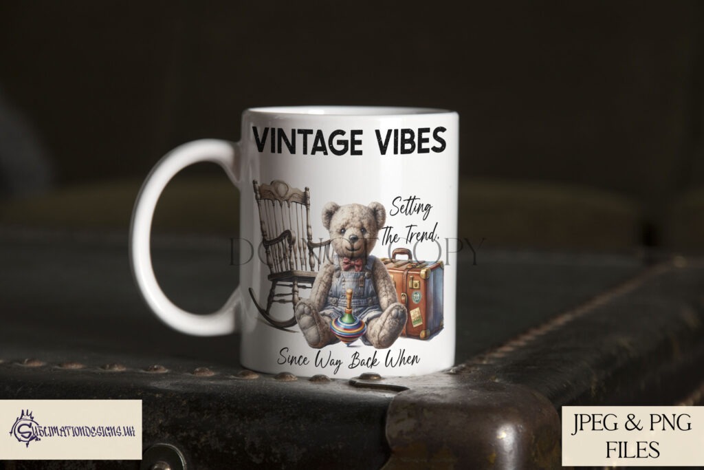 Vintage teddy bear, Dusty, with rocking chair, spinning top, and suitcase design.
