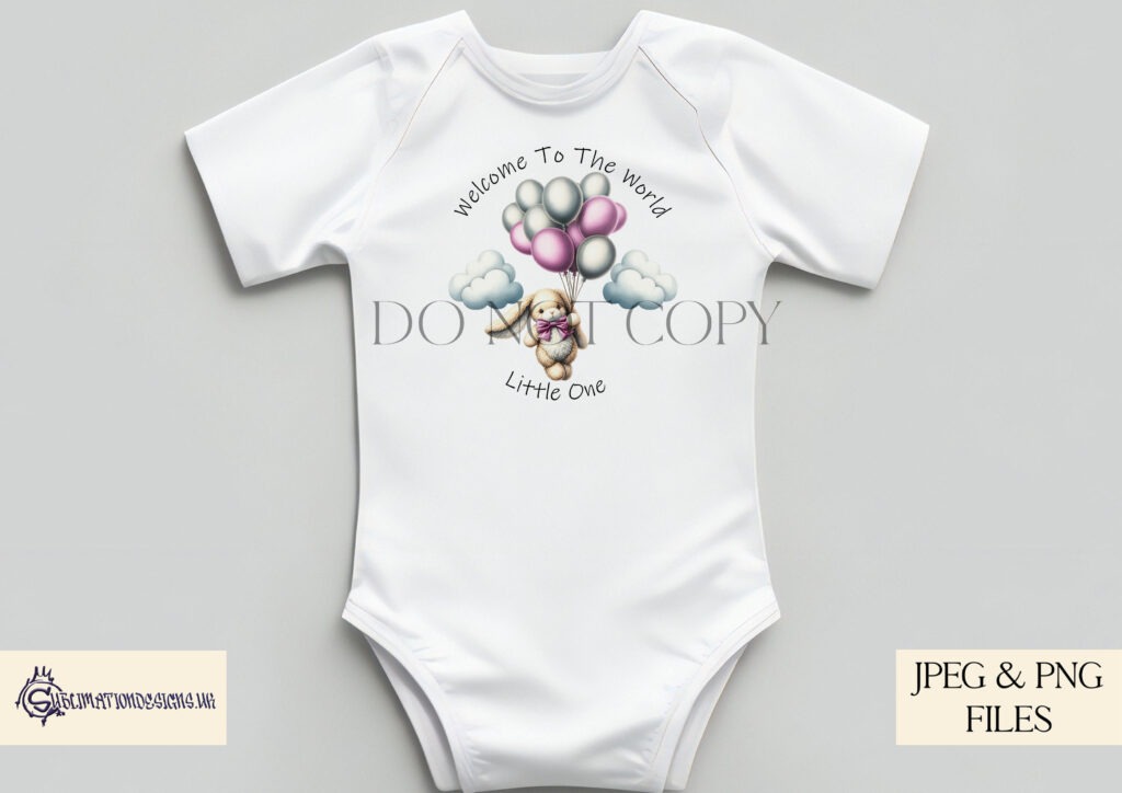 Bunny holding onto balloons in colourful design, 'Welcome to the World Little One.