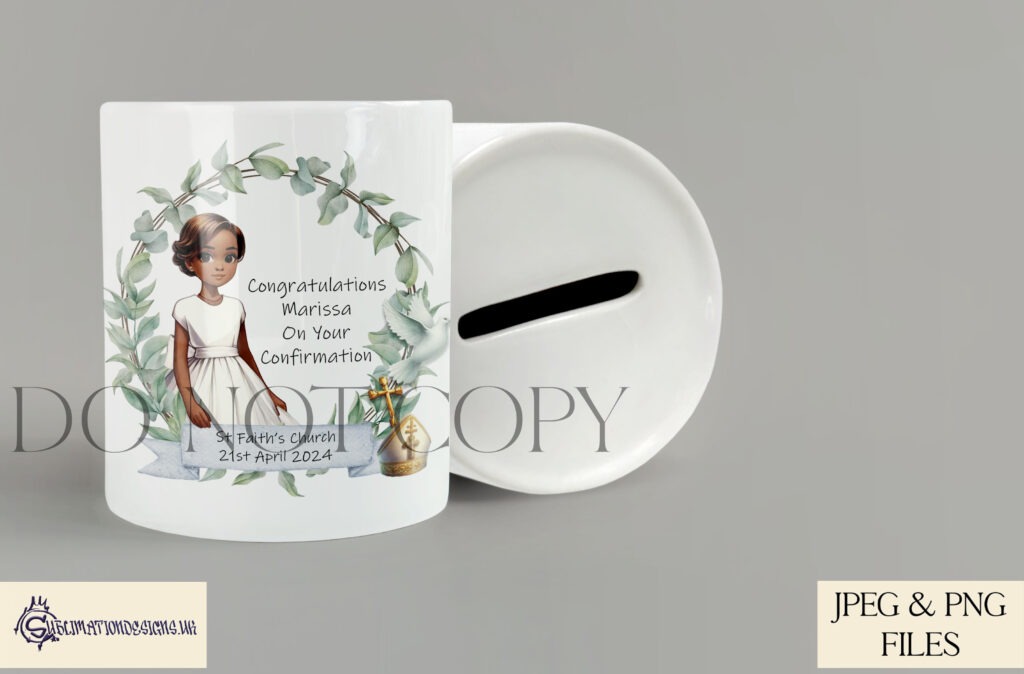 Confirmation design featuring a girl in a wreath with dove, cross, and banner.