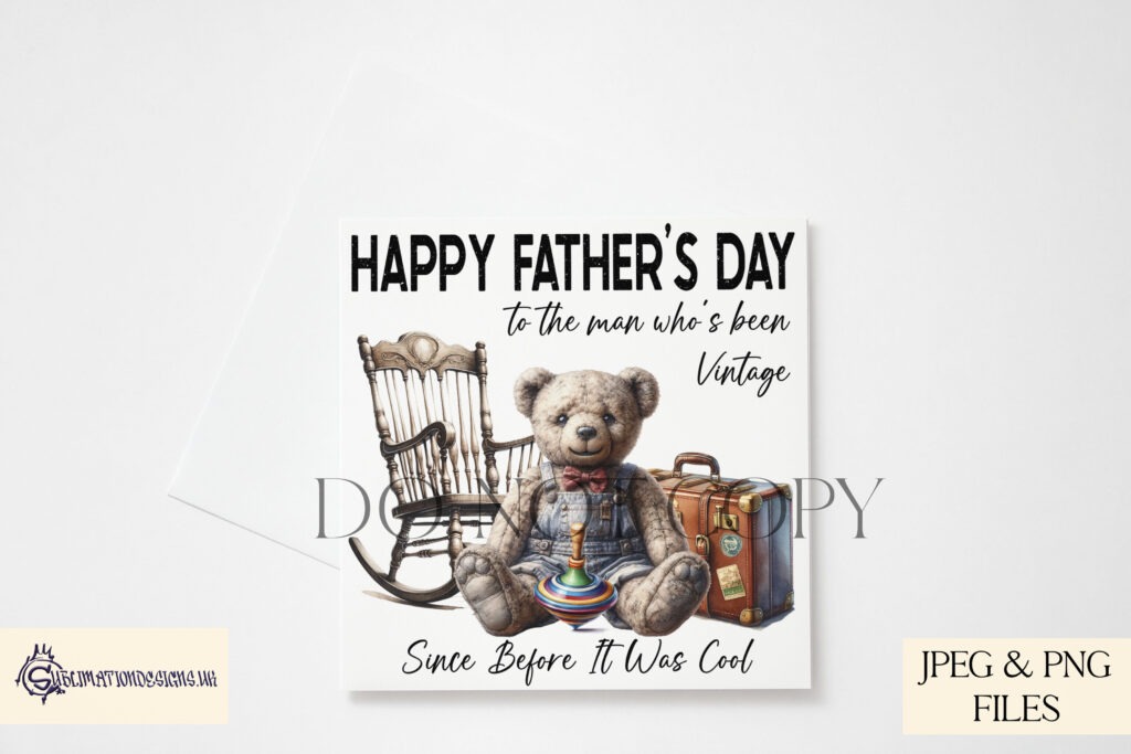 Vintage teddy bear, Dusty, with rocking chair, spinning top, and suitcase design.