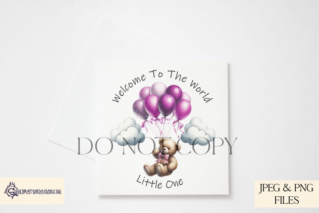 Bear holding onto balloons in colourful design, 'Welcome to the World Little One.